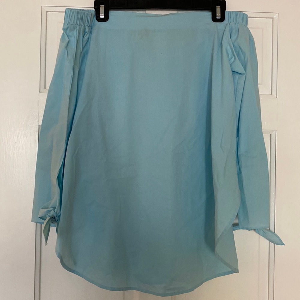 Off the Shoulder Top with Tie Sleeves Sky Blue Cotton Size M